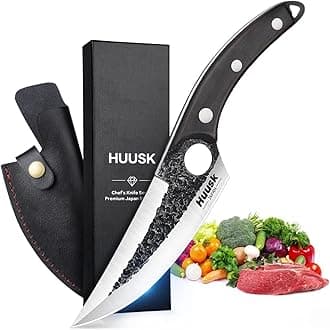 Huusk Viking Knife with Sheath Boning Knives for Meat Cutting, Caveman Ultimo Knives Hand Forged Full Tang Knives for Kitchen or Camping Christmas Gift for Men and Women