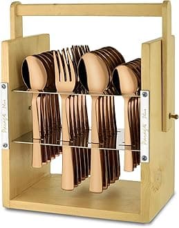 Parage 25 Pieces Stainless Steel Cutlery Set with Wooden Hanging Stand for Dining Table (Contains: 6 Tea Spoons, 6 Table Spoons, 6 Table Forks, 6 Dinner Spoon), Stylish Premium PVD Rose Gold Spoon Set