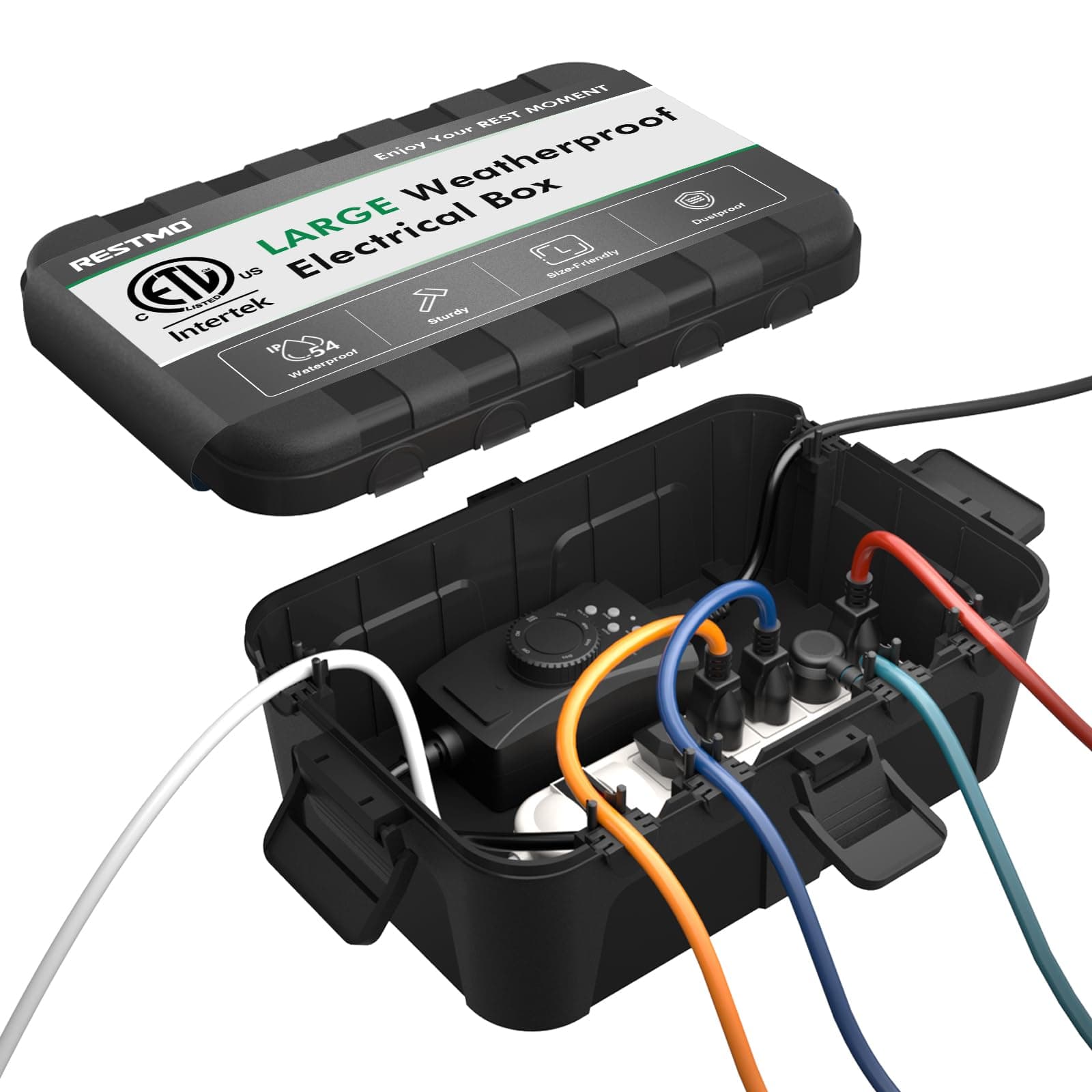 RESTMO Extra Large Waterproof Electrical Box (12.6×8.7×5.1 in), IP54 Weatherproof Outdoor Outlet Cover, Protect Outlet, Plug, Timer, Power Strip (Not Included), Holiday Light Decoration, Black