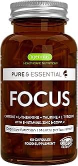 Igennus Focus - Nootropic Brain Supplement for Concentration with Methylated B-Vitamins, Taurine, L-Tyrosine, L-Theanine & 200mg Caffeine, Zinc and Copper, 60 Capsules