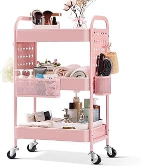 TOOLF 3-Tier Rolling cart, Utility Storage Cart with DIY Dual Pegboards, Art Craft Trolley with Removable Baskets Hooks, Organizer Serving Cart Easy Assemble for Office, Home, Kitchen, Kids' Room,PINK