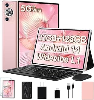 Android 14 Tablet 10.1 Inch 8000mAh Battery Tablets with 22GB RAM 128GB ROM 1TB Expand, Octa-Core HD Touchscreen Tablet with Keyboard, Mouse, Support Widevine L1, Split-Screen - Rose Gold