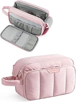 Travel Makeup Bag Organizer, Puffy Make Up Bag, Cosmetic Organizer Case for Travel Essentials Toiletries Accessories Bottles, Brushes (Pink)