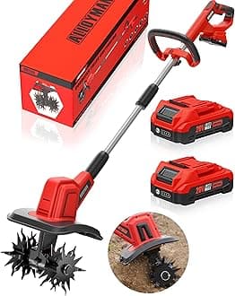 Alloyman Cordless Tiller Cultivator,360RPM Electric Garden Tiller, with 2 * 2.0Ah Batteries & Charger,9In Tilling Width, 6.6In Depth Garden Rototiller for Lawn/Gardening/Soil Cultivation