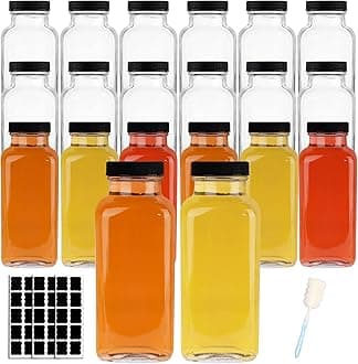 12 OZ Glass Drink Bottles, Set of 20 Vintage Glass Water Bottles with Lids, Great for storing Juices, Milk, Beverages, Kombucha and More (Labels and Sponge Brush Included)
