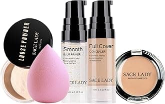 Oil-Free Face Powder & Full Coverage Foundation Concealer & Moisturizing Primer & Soft Sponge Waterproof Make Up Set Long Lasting Poreless Makeup 5Pcs