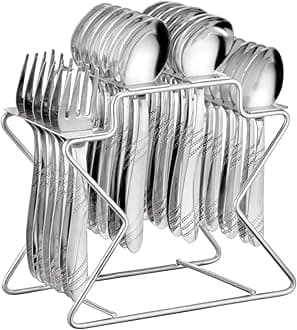 Parage Miracle Stainless Steel Cutlery Set of 25, Contains, Dinner Spoons Set of 6, Tea Spoon Set of 6, 6 Fork, 6 Soup Spoons, 1 Stylish Stand, Elegant Cutlery Set for Dining Table, Mirror Polished