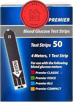 Premier Blood Glucose Test Strips | Blood Glucose Test Strip | Blood Sugar Test Strips | Premier Test Strips 50 Count + STS Sticker.