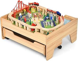 Costzon Train Table, Wood Kids Activity Table w/Storage Drawer, 100 Multicolor Pieces, Railway, City, Cars, Track, DIY Design, Playset Table w/Lockable Wheels, Gift for Boys Girls, Wooden Train Set