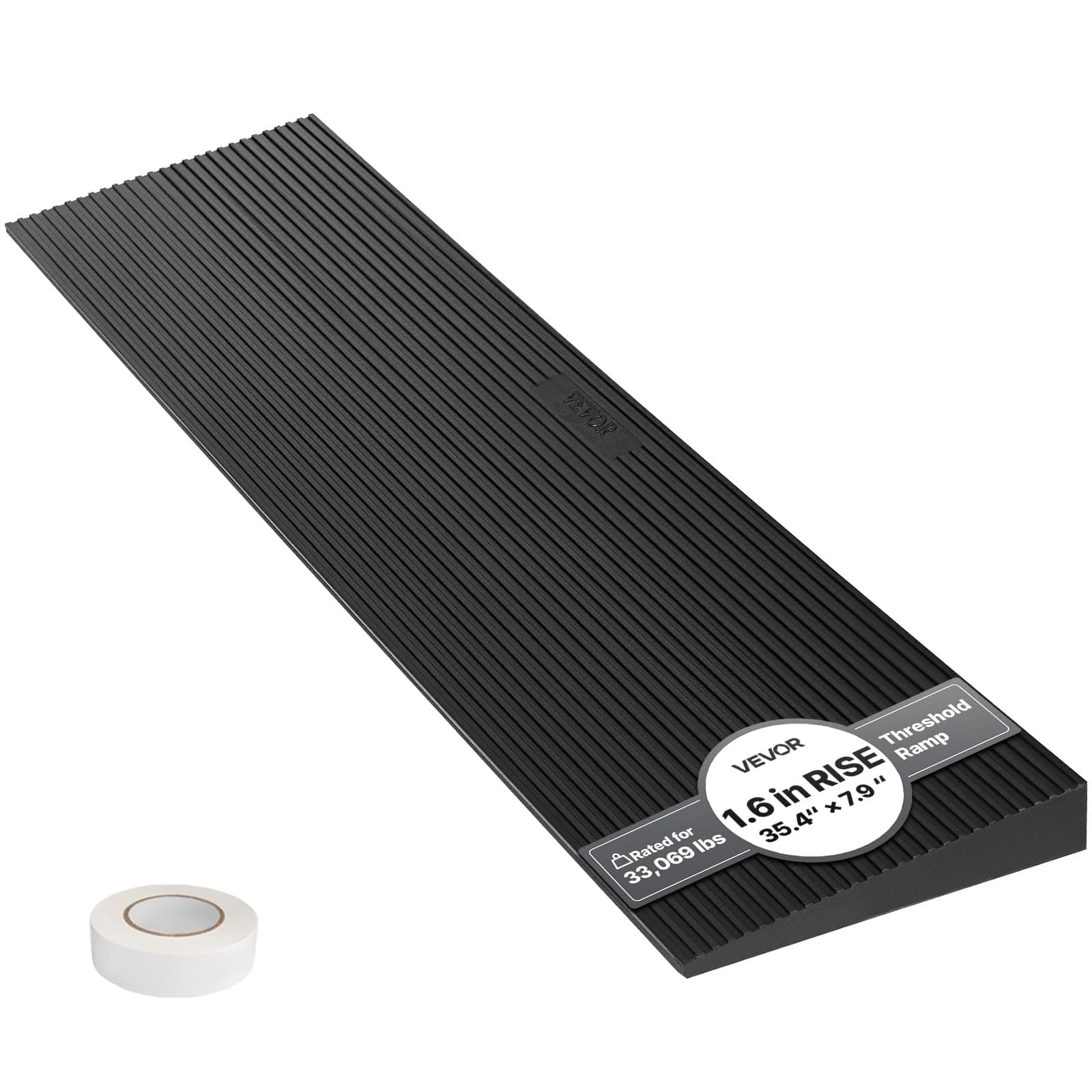 VEVOR 1.6" Rise Cuttable Threshold Ramp for Sweeping Robot, 35.4" Wide Natural Rubber Wheelchair Ramp, Non-Slip Solid Rubber Ramp with Double-Sided Tape for Doorways, Driveways, Bathroom, Smooth Tile