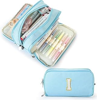 Extra Large Capacity Pencil Case 3 Compartment Initial Pencil Pouch Personalized Cute Aesthetic Stationery Pen Case Bag for School Teen Girl Boy Men Women Gift (I, Blue)