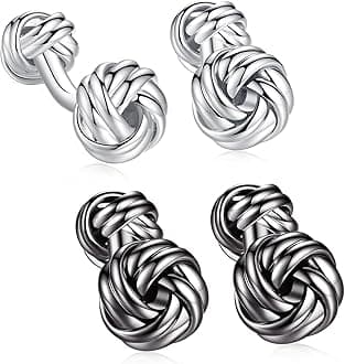 HONEY BEAR Twist Knot Cufflinks Set for Mens Shirts Business Wedding Gift,Silver Black