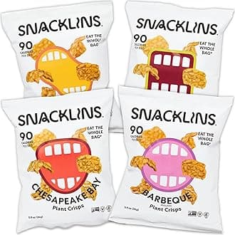 SNACKLINS Plant Based Crisps 4 Flavor Variety - Nacho, BBQ, Teriyaki, Chesapeake Bay - Gluten Free, Grain Free, 100% Kosher, Vegan Healthy Snacks, No Added Sugar Crunchy Puffed Snack - .9oz Bag (Case of 48)