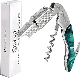 WineOp Professional Wine Opener - Luxury Double Hinged Waiter's Corkscrew Wine Bottle Key - Cork screwer for Servers, Bartenders, Sommelier and Home Use | All-In-One Stainless Steel - Green Resin