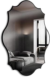 40"x30" Scalloped Wall Mirror, Wooden Framed Decorative Mirror for Livingroom Bedroom Bathroom Entryway Fireplace Mantle, Horizontally or Vertically Wall Mounted, Black, Melfi