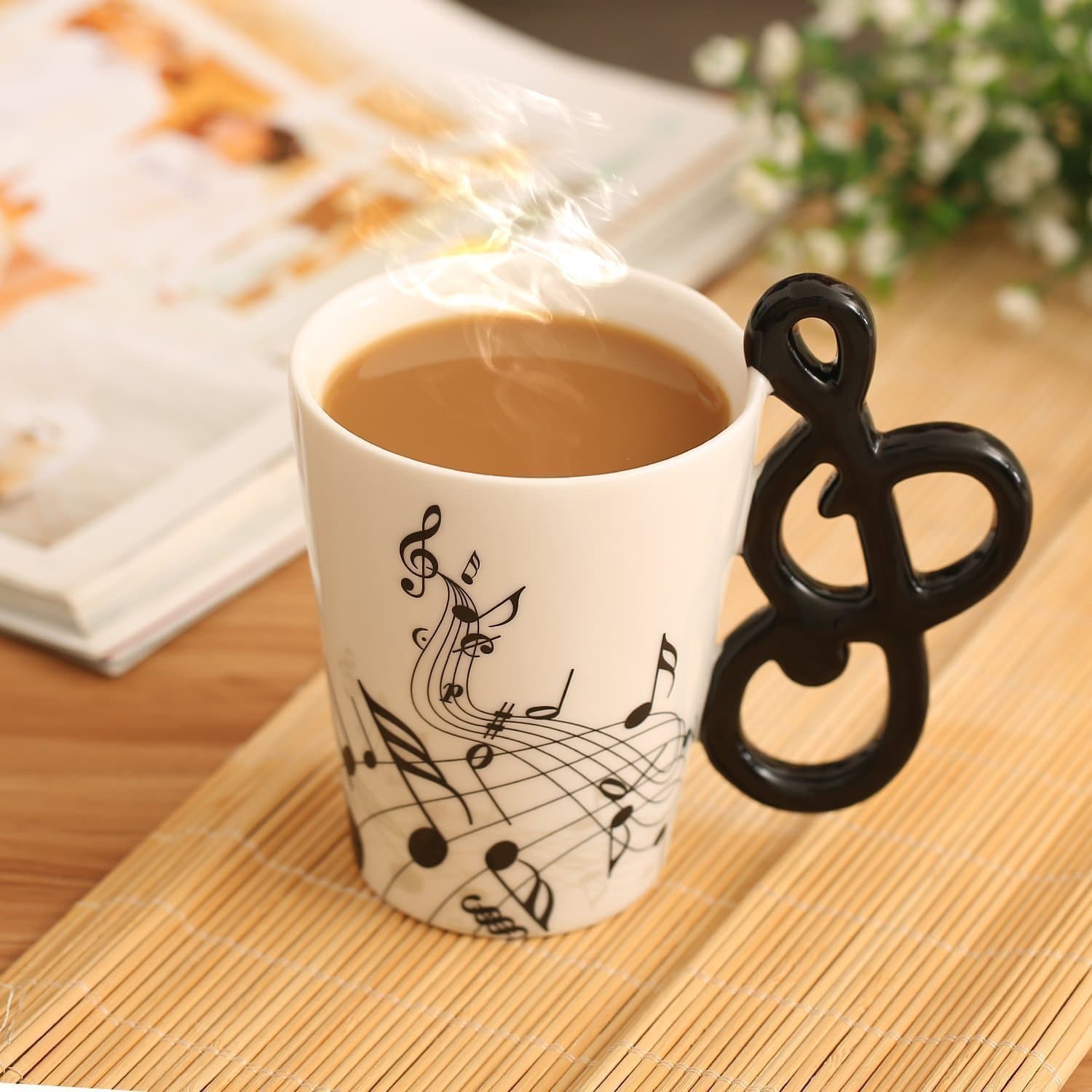 12.9 oz Unique 3D Handle Music Mug Musical Notes Design Coffee Cup Ceramic Music Musical Notes Cup Gift for Women,Men,Friend