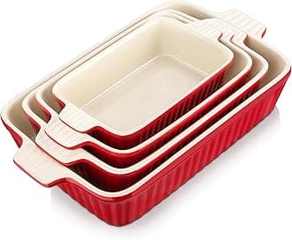 MALACASA Bakeware Set of 4, Porcelain Baking Pans Set for Oven, Casserole Dish, Ceramic Rectangular Baking Dish Lasagna Pans for Cooking Cake Pie Dinner Kitchen, Red (9.5"/11.25"/12.75"/14.5")