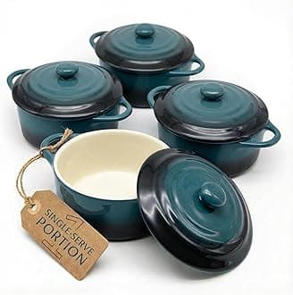 Ceramic Mini Cocotte Set, , Small Casserole Dish with Lids and Handles, Individual Baking Ramekins, Oven, Microwave & Dishwasher Safe, Stoneware, 12 oz, Set of 4
