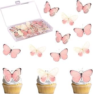 60 PCS Butterfly Cupcake Toppers Edible Butterfly Cake Decorations Edible Butterflies Cupcake Picks for Butterflies Theme Baby Shower Happy Birthday Party Cake Decoration Supllies Pink