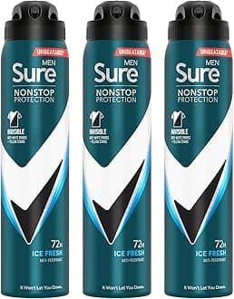 Sure Antiperspirant 72H Nonstop Sweat and Odour Protection Alcohol-Free Body Spray Anti-White Marks with Fresh and Sporty Scent Multi Fragrance Deodorant for Men, 250ml (Invisible Ice Fresh, Buy 3)