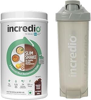 Incredio by Healthkart Slim Shake for Weight Management (Chocolate, 480g) & Shaker (Grey, 600ml) Combo Pack | Meal Replacement Shake with 22g Triple Blend Protein