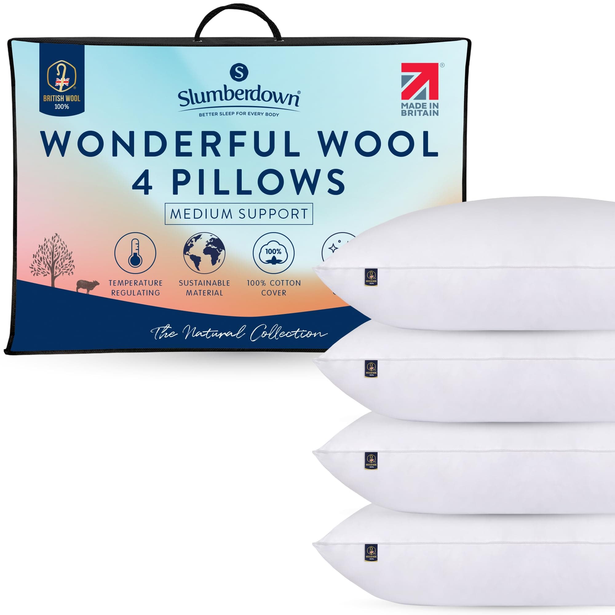 Slumberdown 100% British Wool Pillows 4 Pack - Naturally Cooling & Moisture-Wicking for Hot Sleepers, Luxury Back & Side Sleeper Bed Pillow - Hypoallergenic Cotton Cover, UK-Made (48 x 74cm)