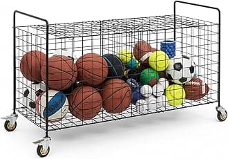 MyGift X-Large Capacity Black Metal Sports Ball and Gym Equipment Storage Rolling Cart with 2 Compartments, Lock Latch and Heavy-Duty Locking Caster Wheels, Garage Ball and Gear Organizer Holder