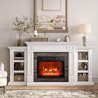 Naice 72" Electric Fireplace with Mantel and Cabinets, Fireplace TV Stand for Living Room Bedroom, Stacked Stone Surround and 3D Realistic Flame, White
