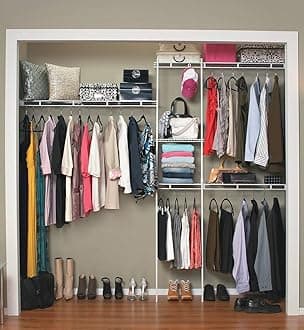 Wire Closet Organizer System, Adjustable from 5 to 8 Ft., with Shelves, Hardware, Durable Steel, Fixed Mount Installation, White