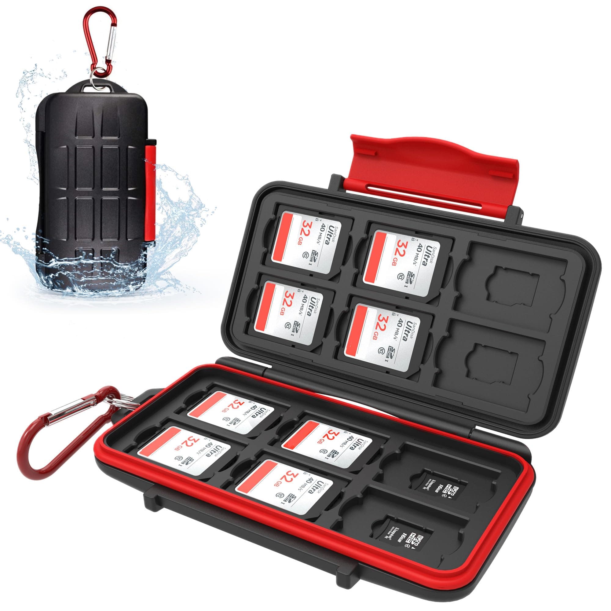 Kiorafoto Professional IPX5 Water-Resistant Anti-Shock Holder Storage SD SDHC SDXC TF MSD Memory Card Case Protector with Carabiner for 12 SD Cards & 12 Micro SD Cards