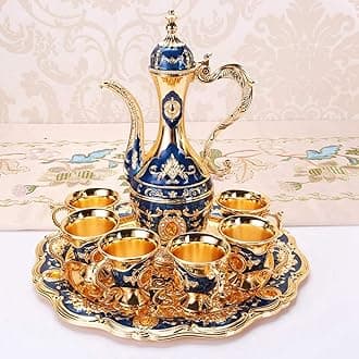 Vintage Tea Set, Moroccan Engraved Teapot Set Luxury Metal Coffee Cup Set with Golden Trim Elegant Turkish Coffee Service Set with Tray for Tea Party, Wedding (Blue)