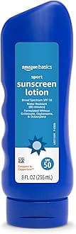 - Amazon Basics Sport Sunscreen Lotion SPF 50, Water Resistant (80min), Formulated without Octinoxate & Oxybenzone, Broad Spectrum UVA/UVB Protection, 8 Fluid Ounce