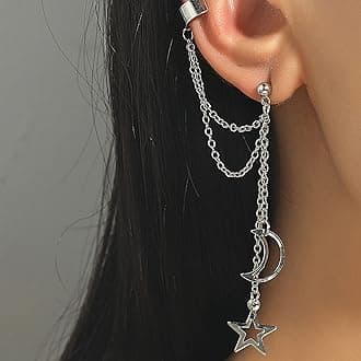 TseenYiMoon Star Cuff Chain Earrings Long Chain Tassel Ear Cuff Moon Star Drop Chain Earrings Long Dangling Earrings Jewelry for Women and Girls Gifts(Silver)