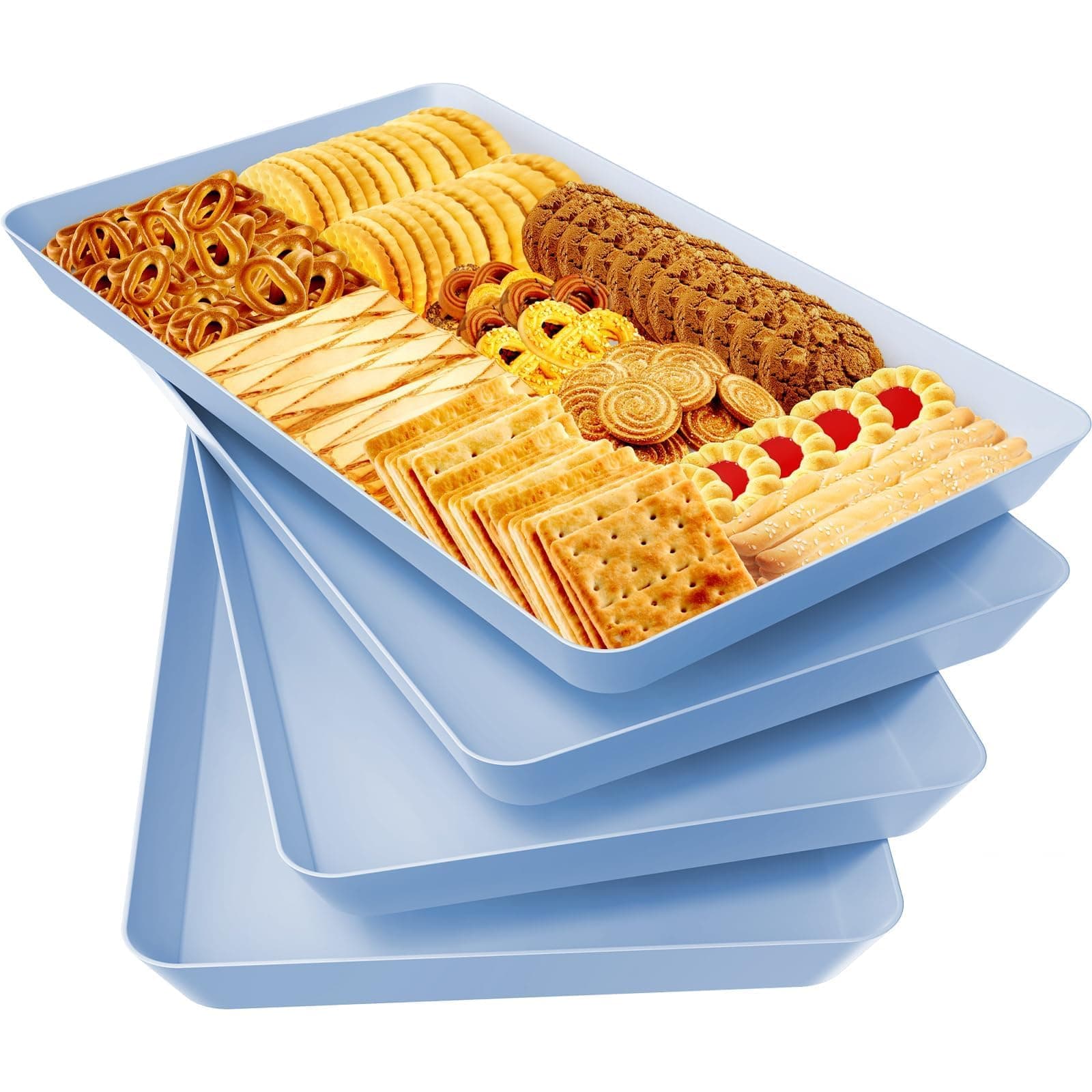 WOWBOX 4 pcs Serving Tray for Entertaining, Serving Platters for Snacks, Fruit, Cookies, Dessert, Reusable Plastic Trays for Serving Food and Pantry Organization in Kitchen & for Parties, (Blue)