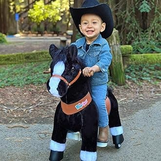 PonyCycle Official Classic U Series Ride on Horse Toy Plush Walking Animal Black Horse Size 4 for Age 4-8 Ux426