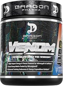 DRAGON PHARMA Venom Extreme Potency Pre-Workout, Laser Sharp Focus + Energy, Intense Performance, Proven Ingredients for Enhanced Vasodilation & Endurance (40 Servings, Bomb Pop)