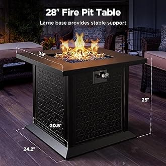 Ciays 28″ Fire Pit Table, Propane Fire Pit with Cup Holders & Hanging Shelf, 50,000 BTU Gas Fire Pit with Glass Stones & Nylon Dust Cover, Quick Ignition System, Patio/Porch/Deck Fire Pit, CIFPT10B