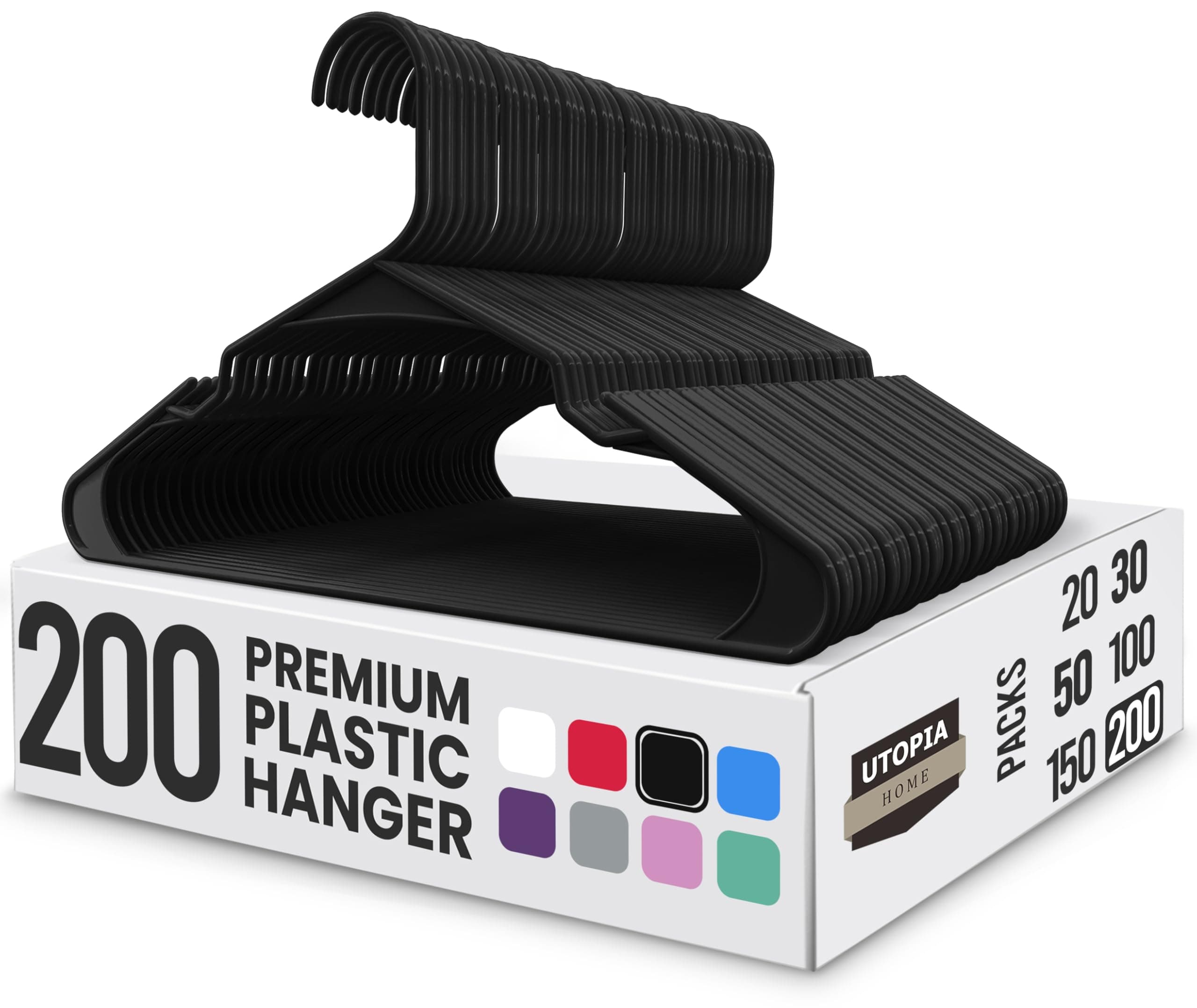 Utopia Home Plastic Hangers 200 Pack - Perfect Space Saving Clothes Hanger - Durable and Strong - Perfect Closet Organizers with Shoulder Grooves (Black)