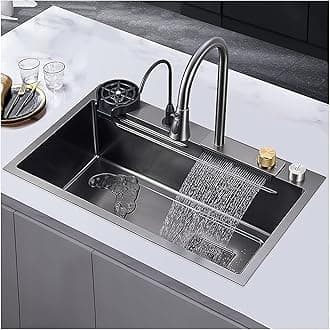 Kitchen Sink,New Stainless Steel Waterfall Sink,Bar Sink, 304 Stainless Steel Sink, with Cup Washer Sinks, Drop-in Or Undermount Installation