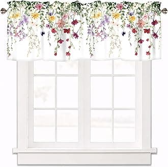 Spring Wildflowers Curtain Valance for Windows Floral Pink Rod Pocket Window Treatments 1 Panel Short Curtains for Kitchen Windows Bathroom Bedroom,42 x 12 Inch