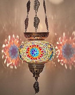 DEMMEX Turkish Moroccan Colorful Mosaic Bohemian Boho Hanging Candle Holder Lantern with Handmade Colorful Glass Globe and Metal Leaf Chains, 60 cm (Multicolored)