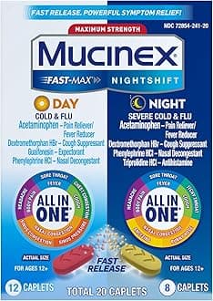 Maximum Strength Fast-Max Day Cold & Flu & Nightshift Night Severe Cold & Flu All in One, Fast Release, Powerful Multi-Symptom Relief, 20 caplets (12 Day time + 8 Night time)