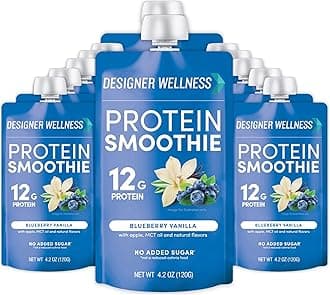 Designer Wellness Protein Smoothie, Real Fruit, 12g Protein, Low Carb, Zero Added Sugar, Gluten-Free, Non-GMO, No Artificial Colors or Flavors, Blueberry Vanilla, 12 Count