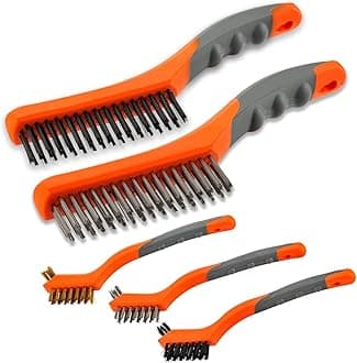 - Wire Brush Set 5PCS, Nylon/Brass/Stainless Steel/Carbon Steel Bristles Wire Scratch Brush with Curved Rubber Handle for Cleaning Rust, Corrosion, Dirt, Paint Scrubbing, Deep Detailing Cleaning, Orange
