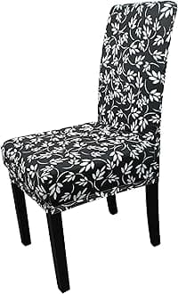 Printed High-Back Chair Covers for Dining Room Chairs – Spandex Stretch, Universal Armless Chair Protective Slipcover for Kitchen, Party, Banquet & Hotel, Floral Tropical Leaves - Black, Pack of 1