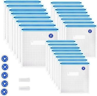 Sous Vide Bags 31 Pcs (24 Pcs Vacuum Zipper Bags & 2 Seal Clips & 5 Air Valves),Reusable BPA Free Vacuum Sealer Bags Vacuum Food Storage Bags for Cooking/Food Storage/Microwave Heating