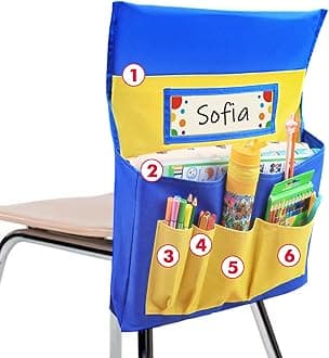 VNOM Chair Back Pocket School Seat Chair Storage Pocket Organizer with Label Slot Multiple Pockets for School Home Classroom Preschool Daycare (Yellow+Blue)