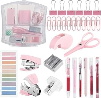 Colarr Mini Office Supply Kit Include Stapler Tape Dispenser Staple Remover Paper Clip Scissor Staple Pen Sharpener Note Small Telescopic Knife for Office Back to School Supplies Student Clerk(Pink)