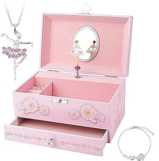 RR ROUND RICH DESIGN Kids Musical Jewelry Box for Girls with Drawer and Jewelry Set with Ballerina Theme - Swan Lake Tune Pink