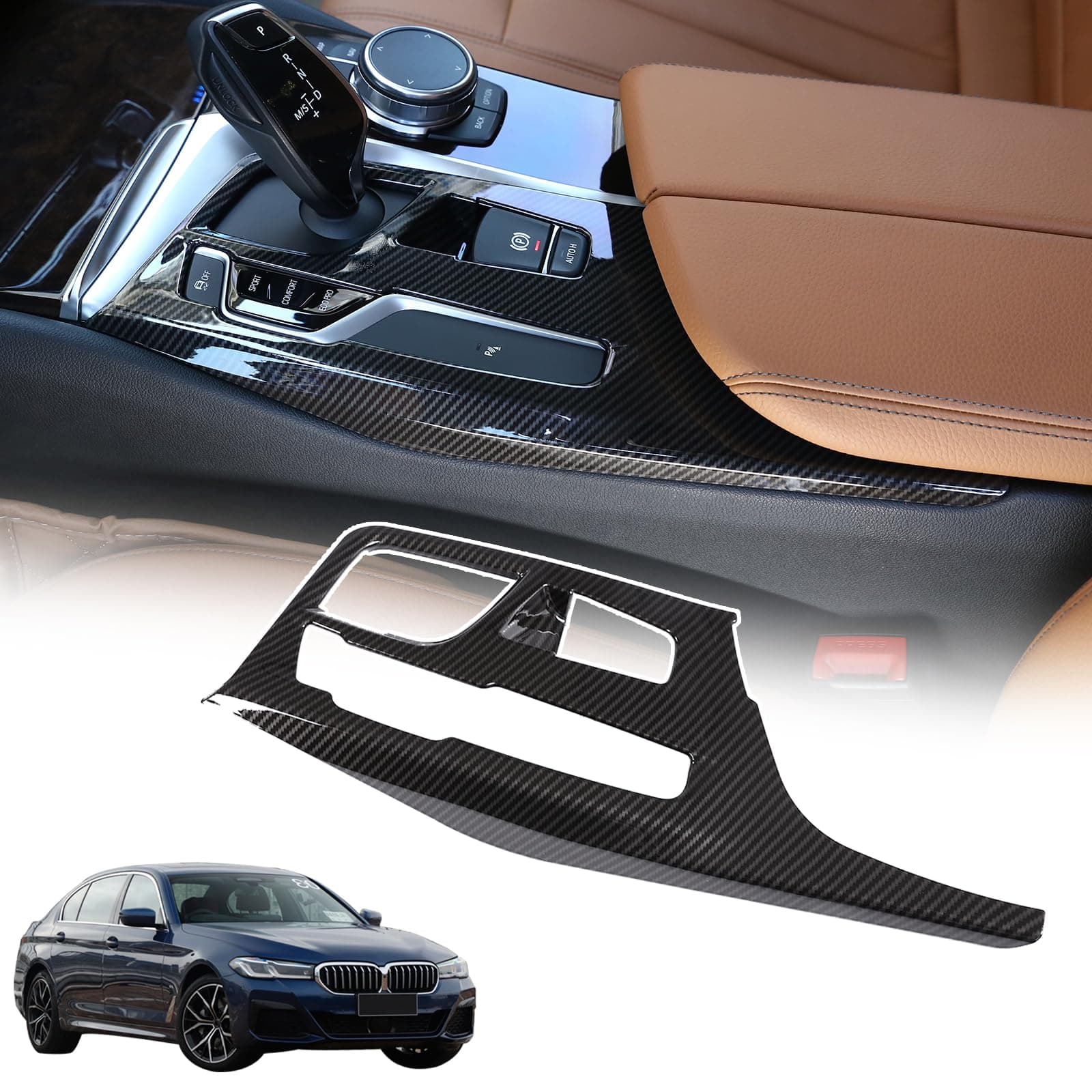 Car Control Shift Knob Panel Gear Button Trim Frame Compatible with BMW 5 Series G30 G38 2018-2022 Center Console Gear Shift Panel Decor Cover Interior Accessories 1PCS (ABS Carbon)